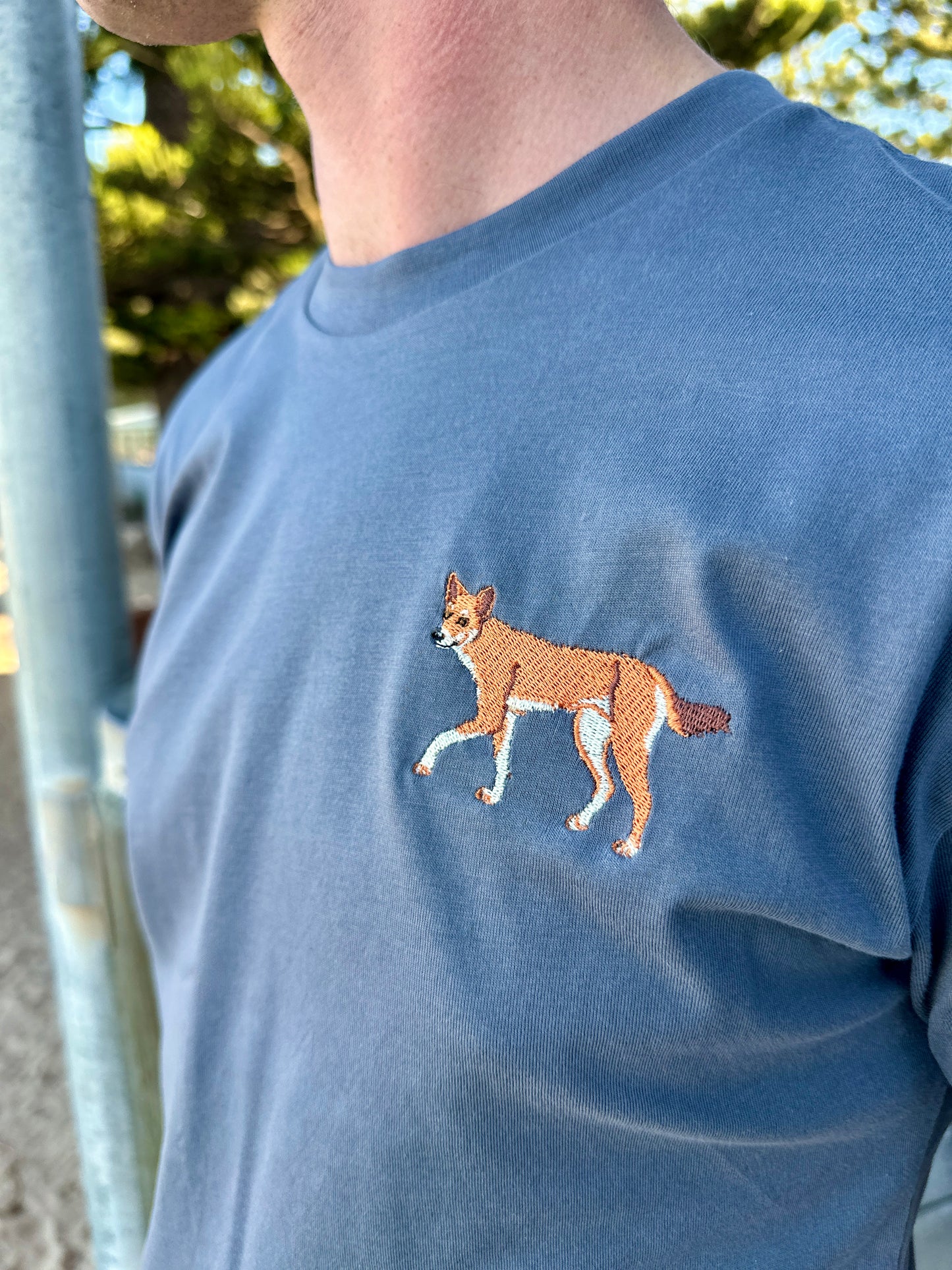 Person wearing a blue t-shirt with an embroidered dingo design outdoors.