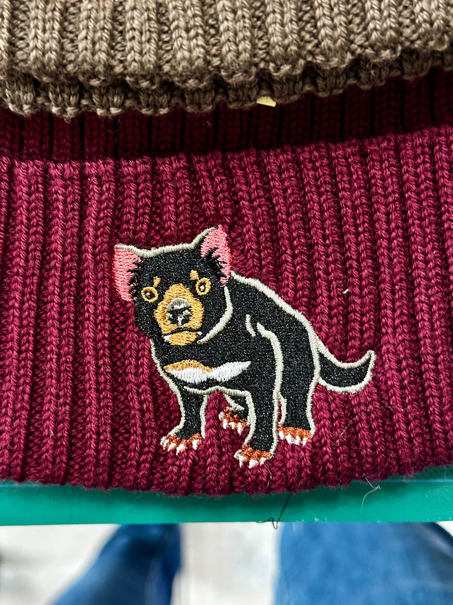 Tasmanian Devil Australian Merino wool beanie in deep cherry red