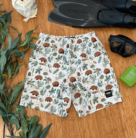 Shorts with echidna and banksia pattern on a wooden surface with diving equipment and plants.