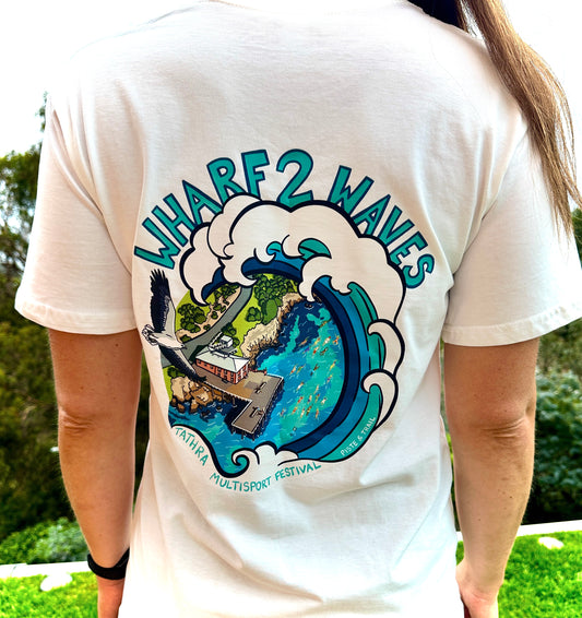 White t-shirt with 'Wharf 2 Waves' graphic design on the back, featuring a wave and wharf scene.