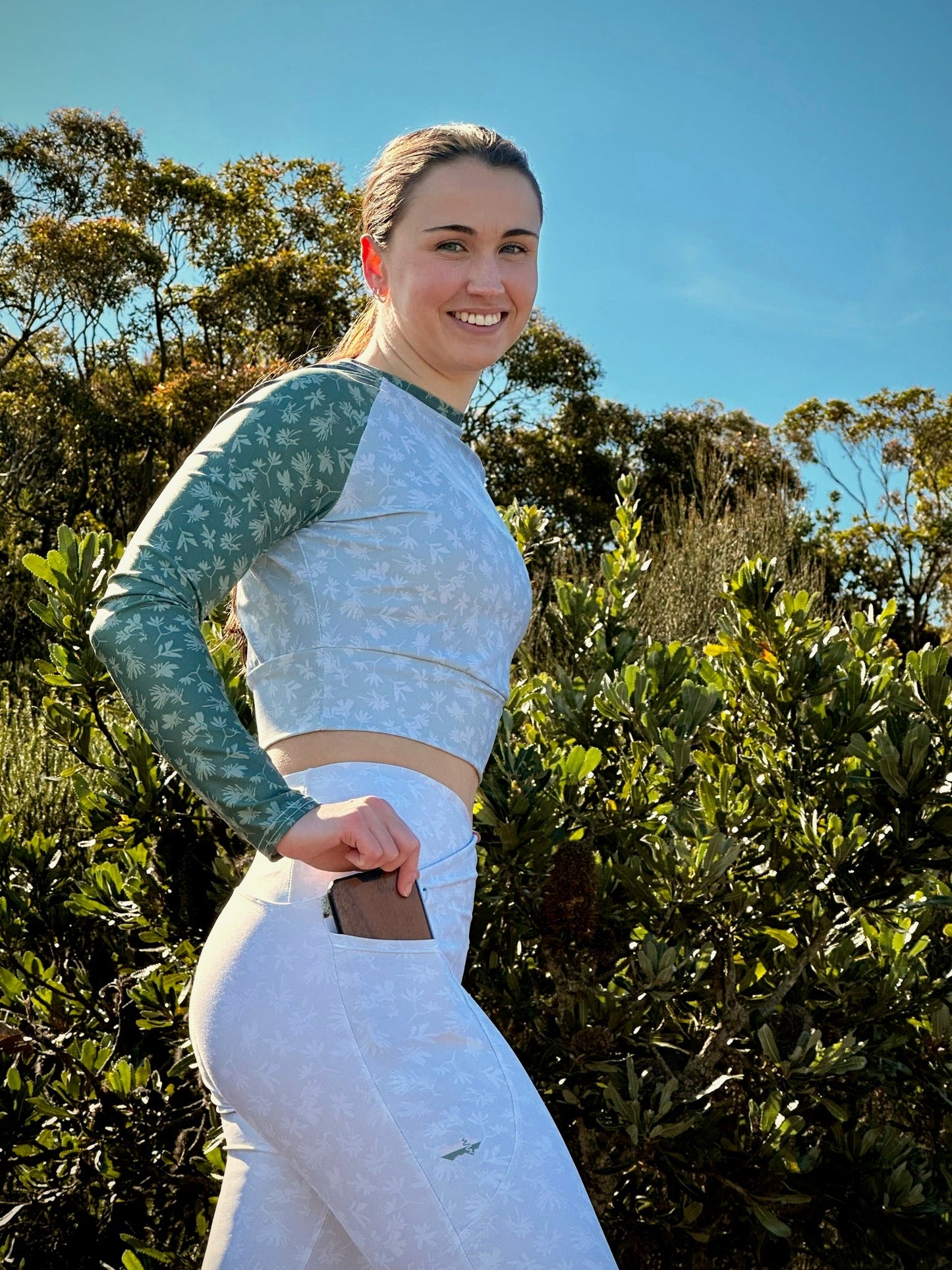 Coastal Banksia Forest Recycled Long Sleeve Crop Top - Piste and Trail Crop Top