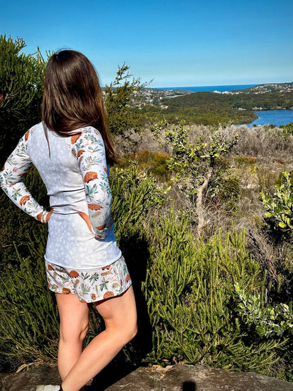 Echidna & Coastal Banksia Women's Recycled Athletic Board Shorts - Piste and Trail Board Shorts