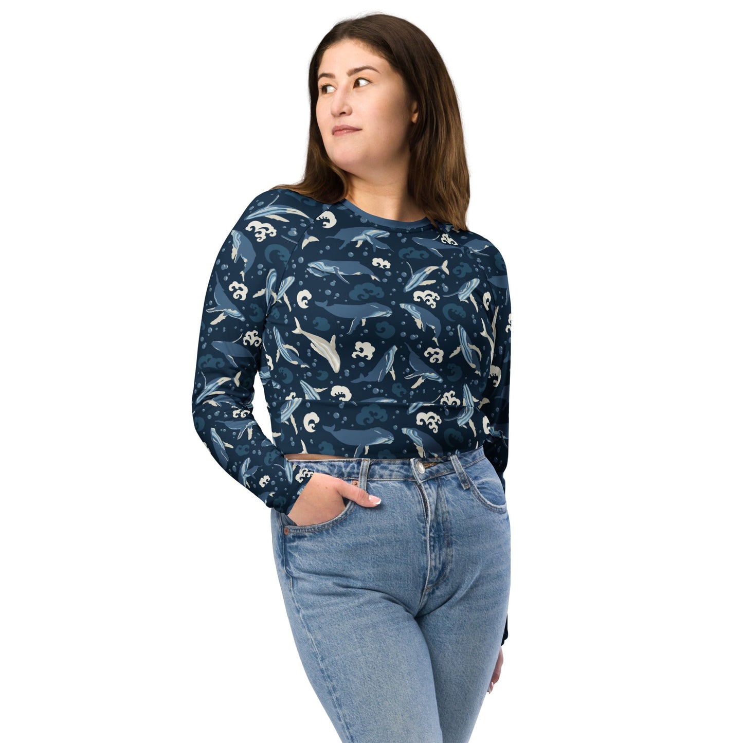 Humpback Whales Recycled Long - Sleeve Crop Top - Piste and Trail Crop Top