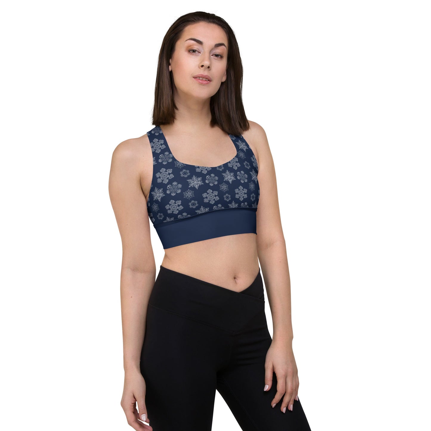 Perfectly Imperfect Snowflakes Recycled Longline Yoga Bra - Piste and Trail Sports Bra