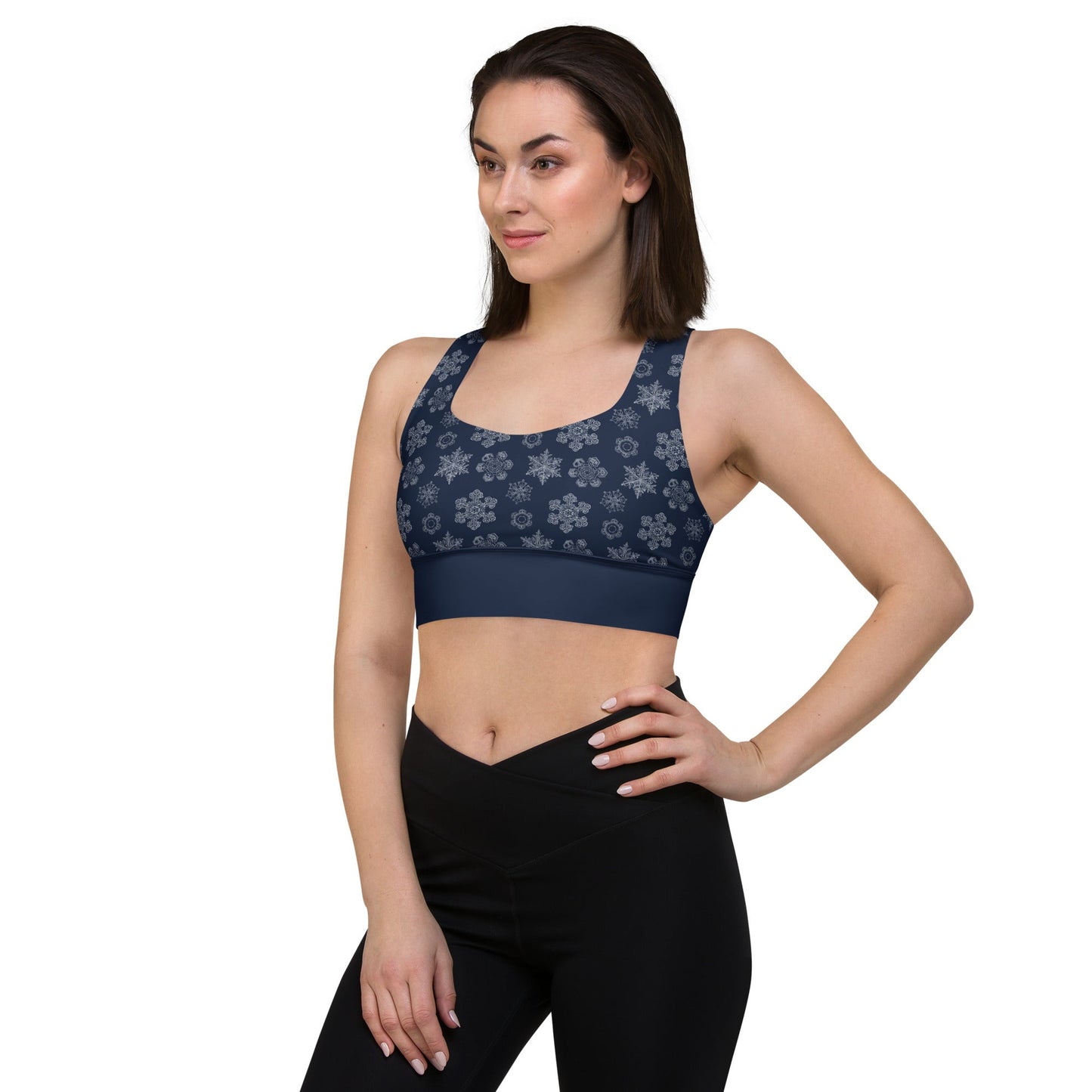 Perfectly Imperfect Snowflakes Recycled Longline Yoga Bra - Piste and Trail Sports Bra