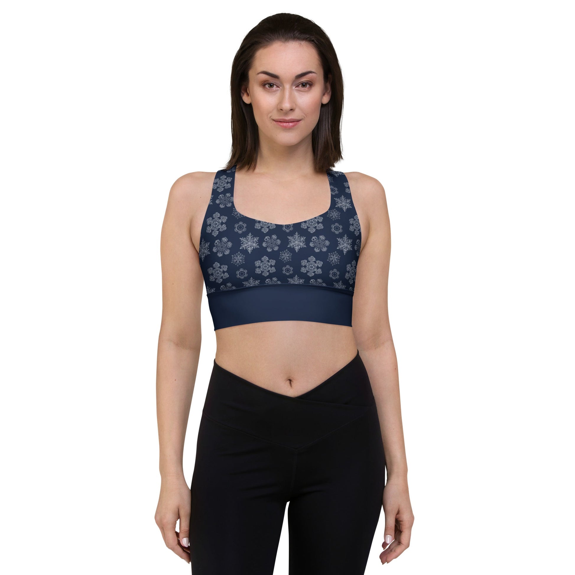 Perfectly Imperfect Snowflakes Recycled Longline Yoga Bra - Piste and Trail Sports Bra