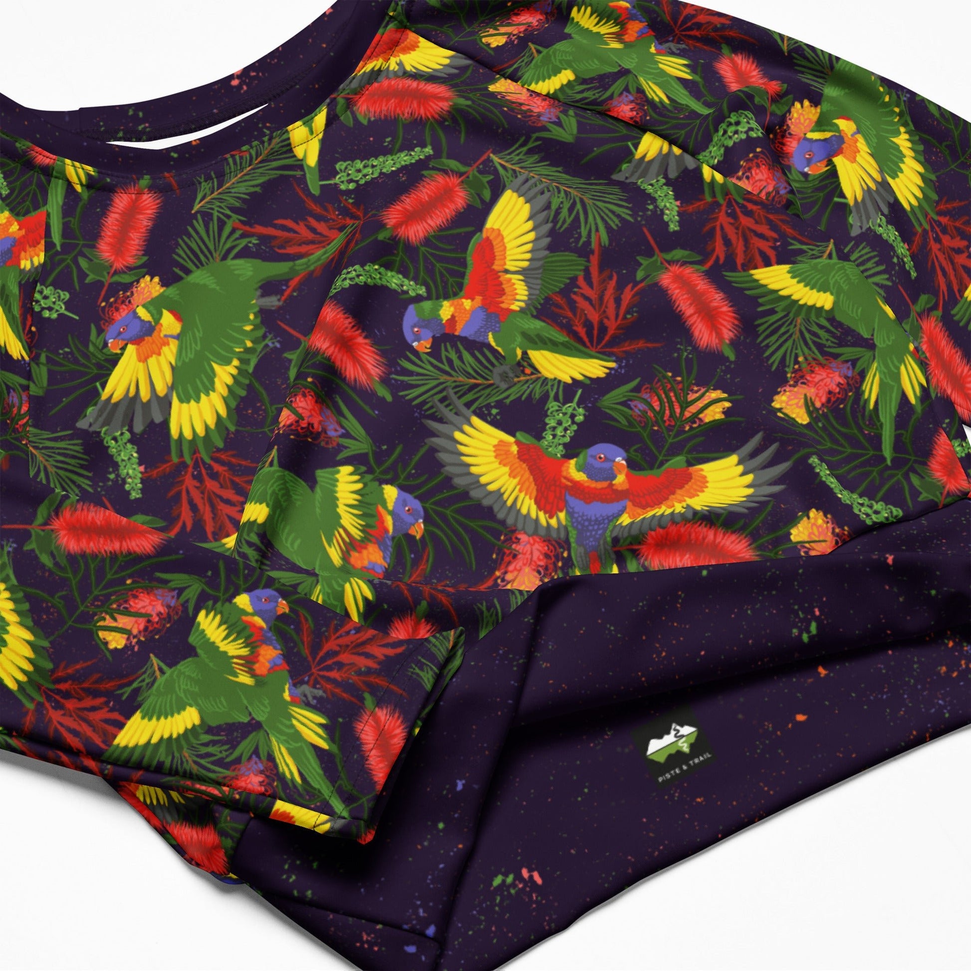 Rainbow Lorikeet Recycled Long Sleeve Crop Swim Top - Piste and Trail Crop Top