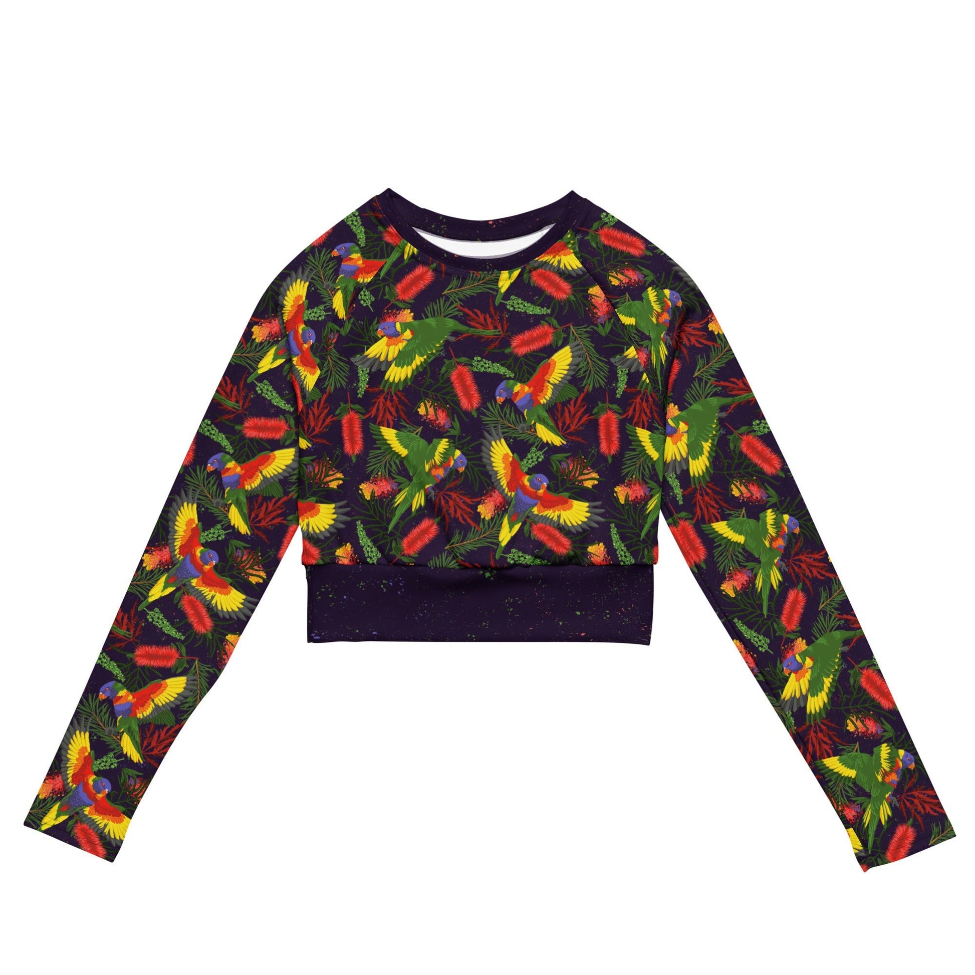 Rainbow Lorikeet Recycled Long Sleeve Crop Swim Top - Piste and Trail Crop Top