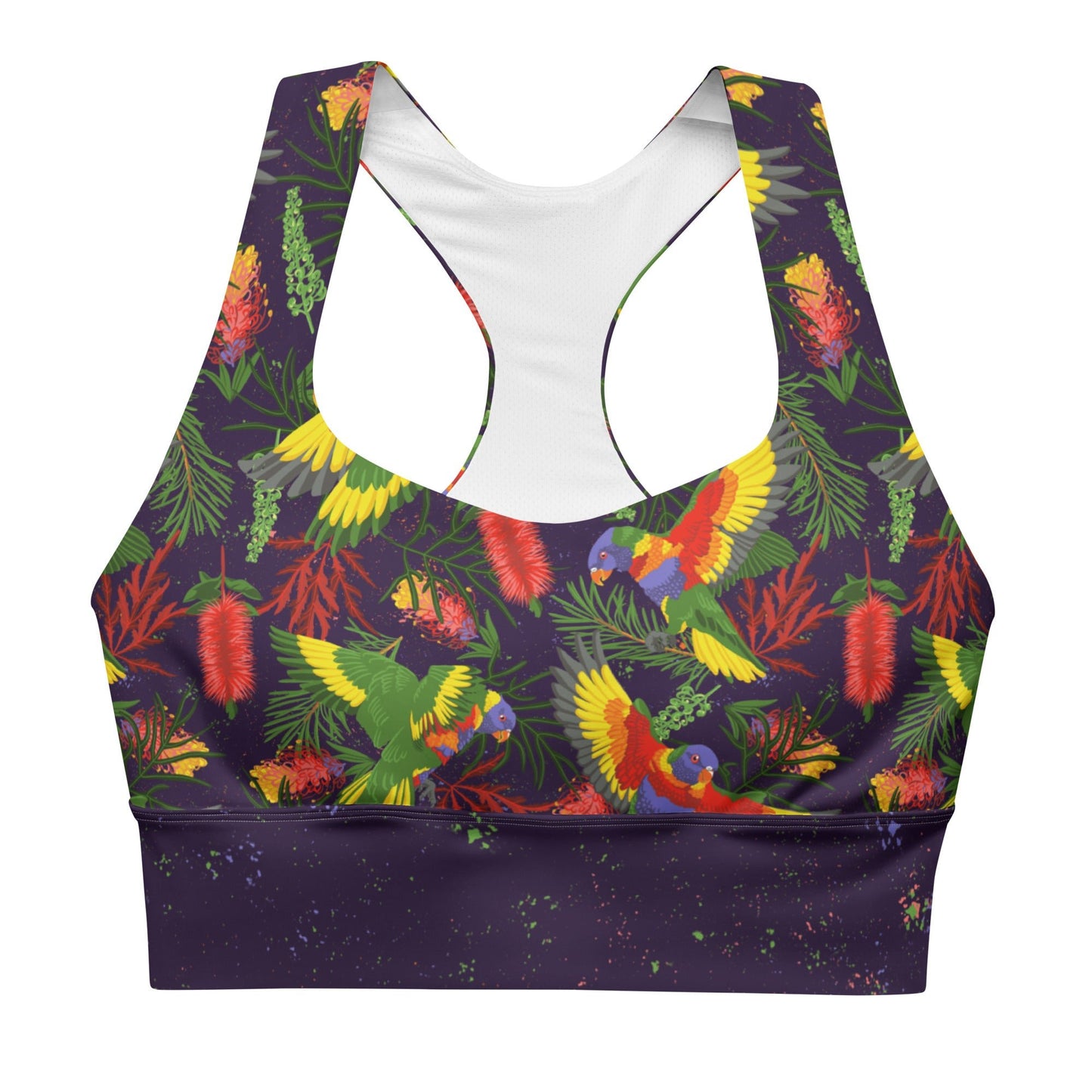 Rainbow Lorikeet Recycled Longline Yoga Bra - Piste and Trail Sports Bra