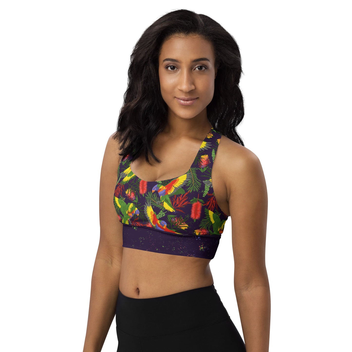 Rainbow Lorikeet Recycled Longline Yoga Bra - Piste and Trail Sports Bra