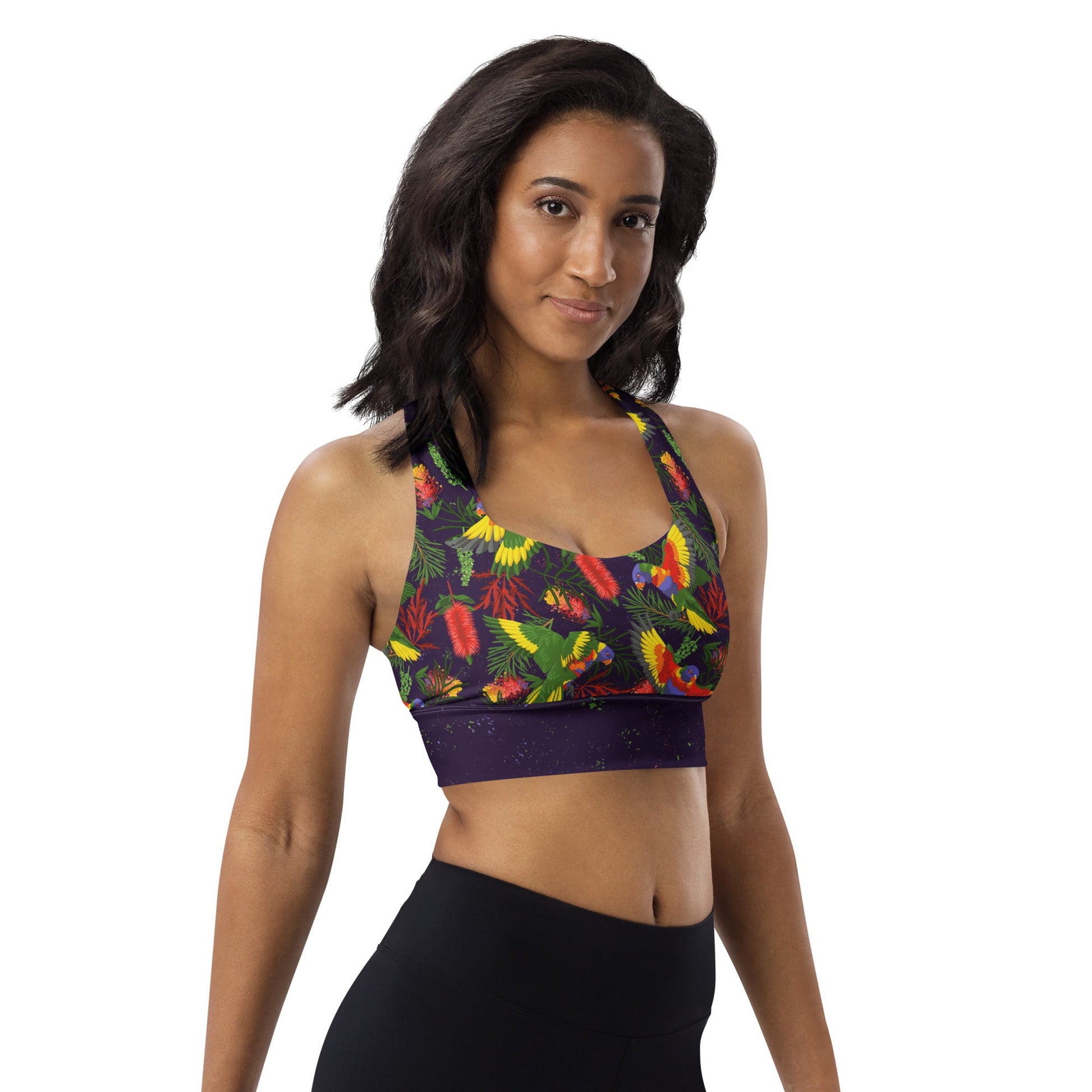 Rainbow Lorikeet Recycled Longline Yoga Bra - Piste and Trail Sports Bra