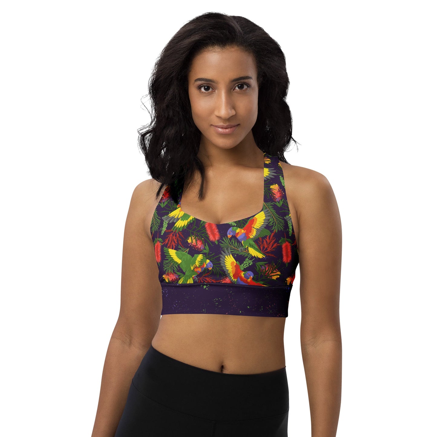 Rainbow Lorikeet Recycled Longline Yoga Bra - Piste and Trail Sports Bra