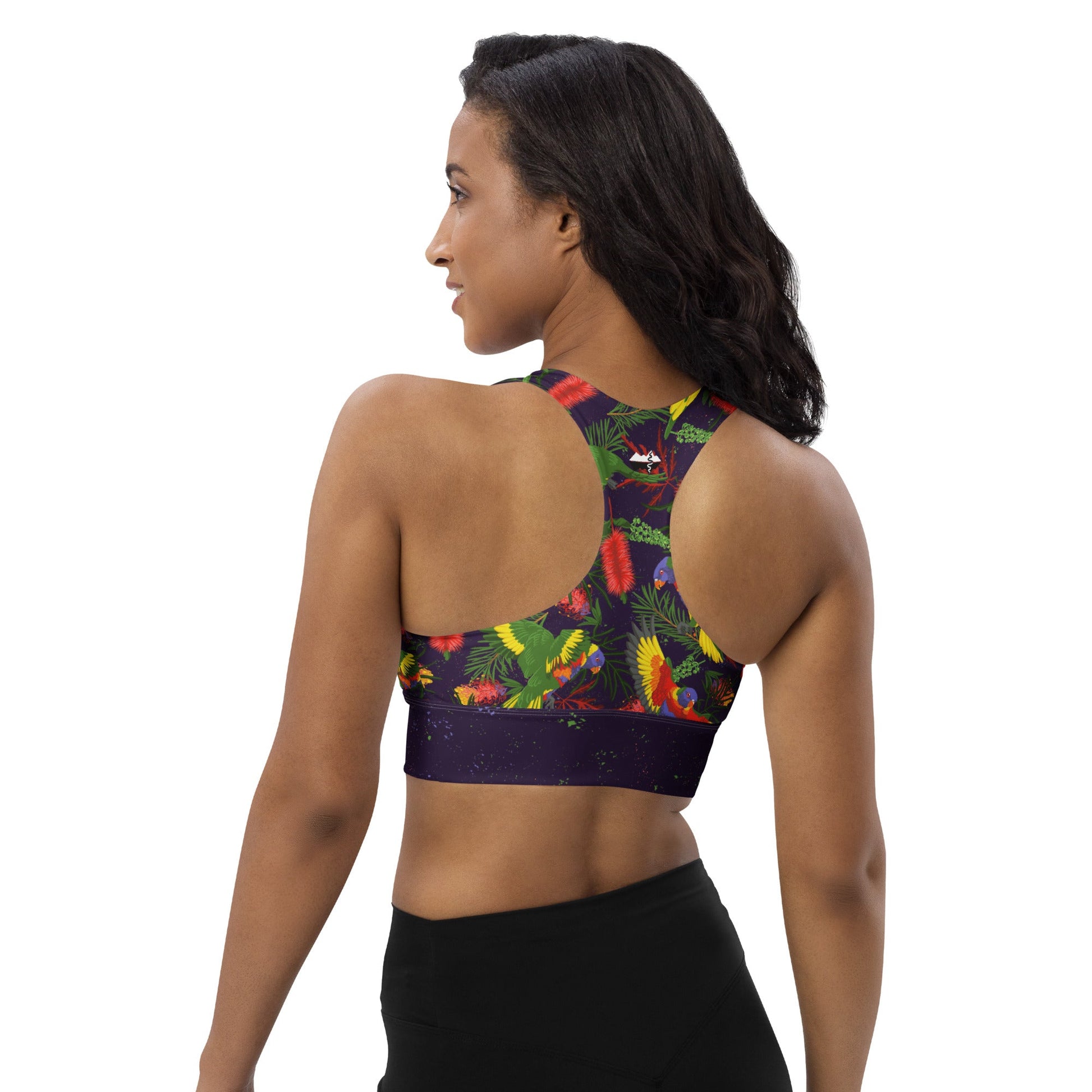 Rainbow Lorikeet Recycled Longline Yoga Bra - Piste and Trail Sports Bra